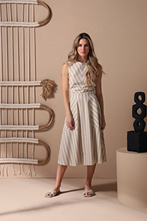 Prugasta midi haljina bez rukava od mešavine lana Tiffany Production
