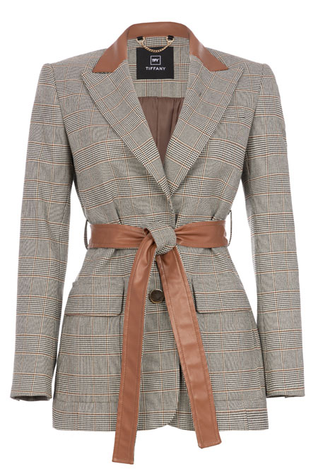 Karirani sako sa kontrastnim pojasom i kragnom Tiffany Production