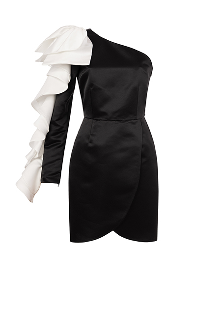 Asimetrična mini haljina sa ukrasnim karnerom na rukavu Tiffany Production