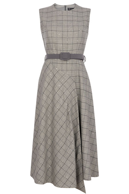 Asimetrična haljina od kariranog tvida sa kontrastnim kaišem Tiffany Production