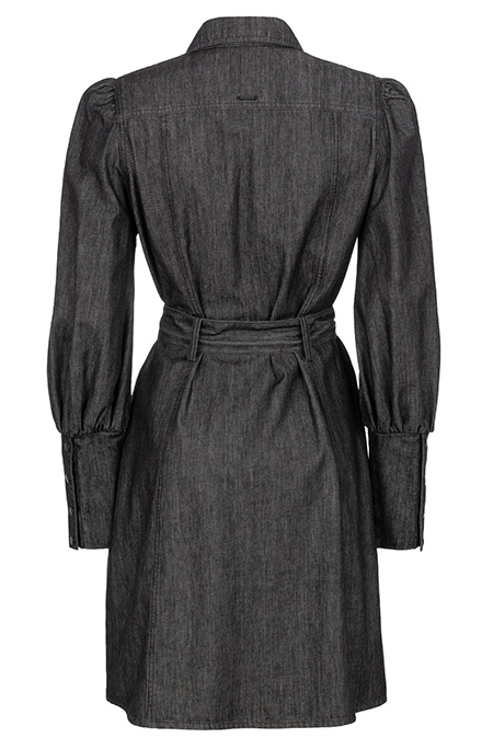 Haljina od tamnog teksasa sa pojasom i naglašenim rukavima Tiffany Production